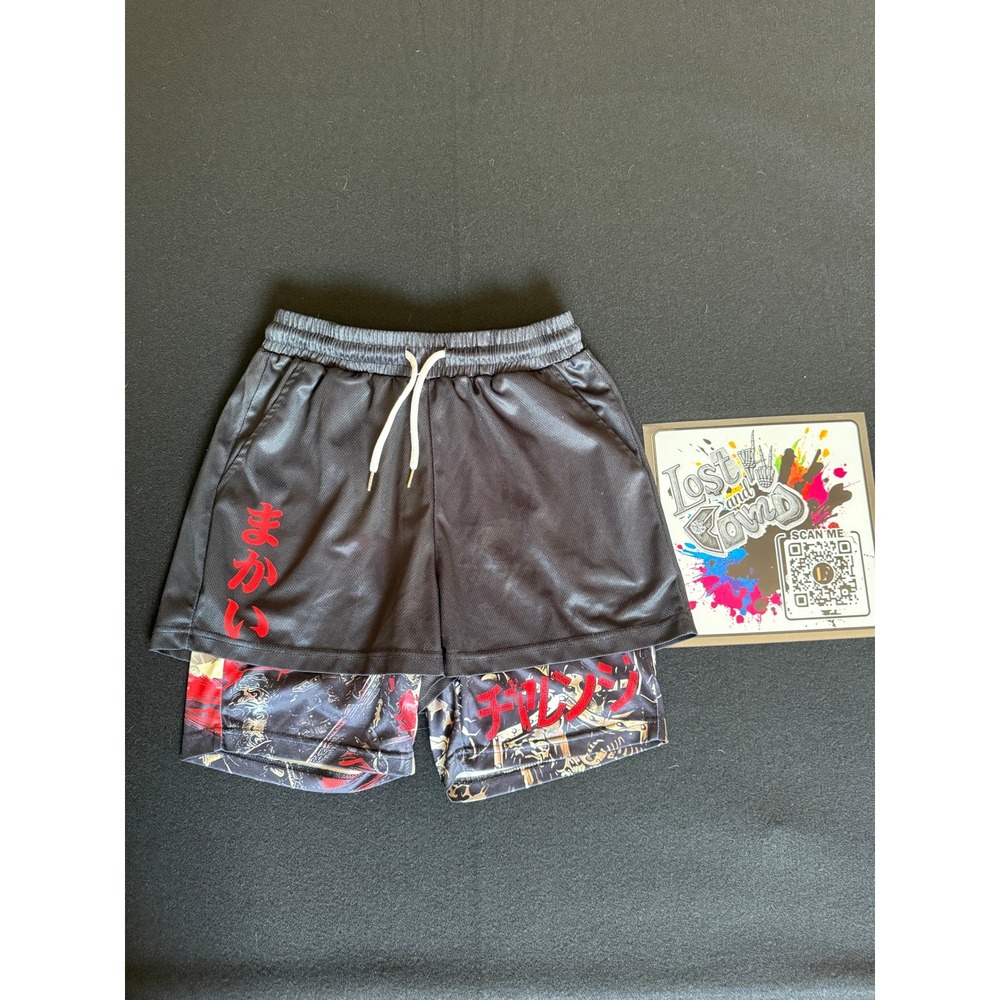 Romwe 2-in-1 Mesh Graphic Shorts Mens Small Black Excellent Skull Anime